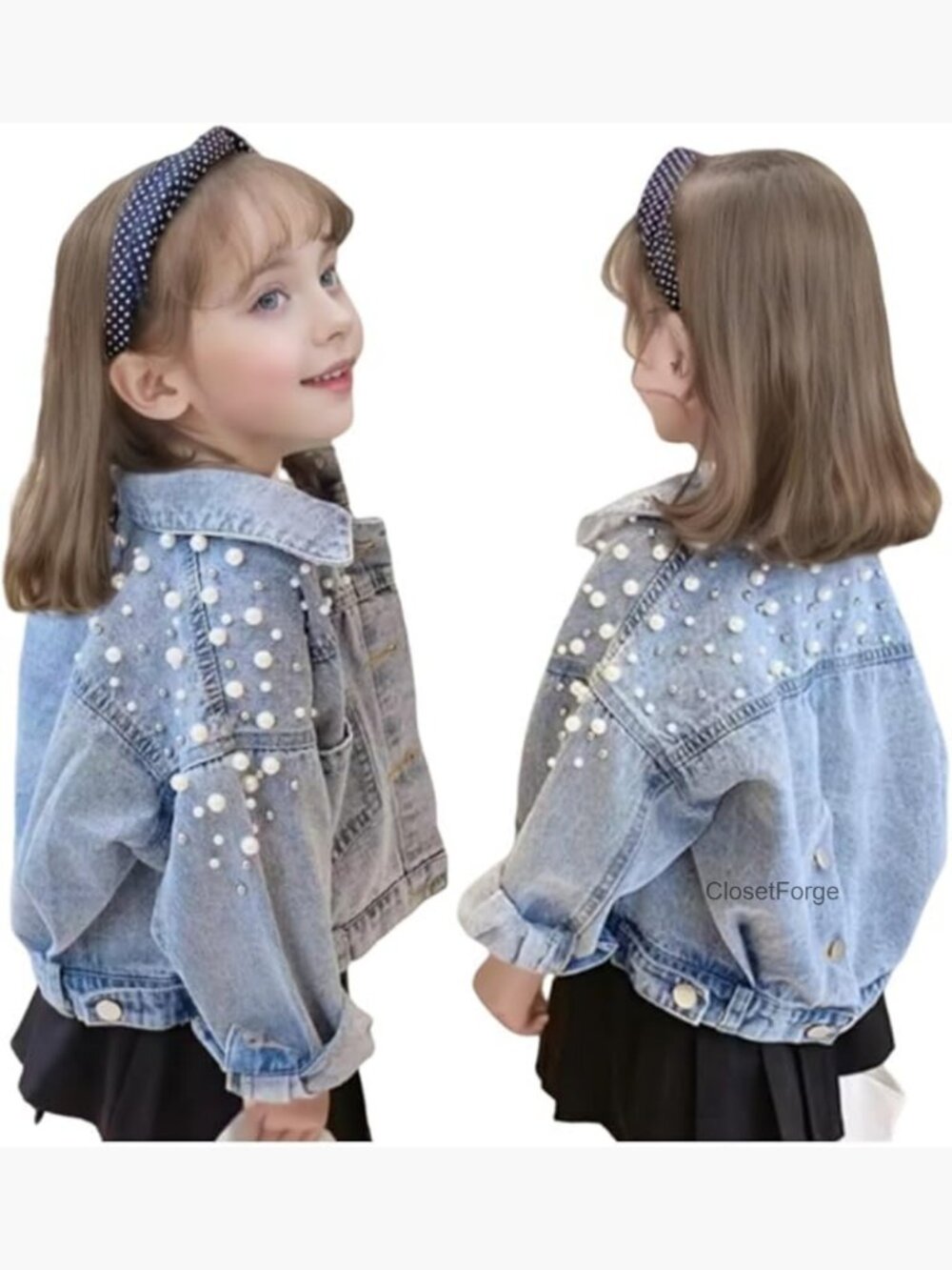 Girls Classic Pearls Denim Jacket Button Down Jean Jacket Coat Outwear